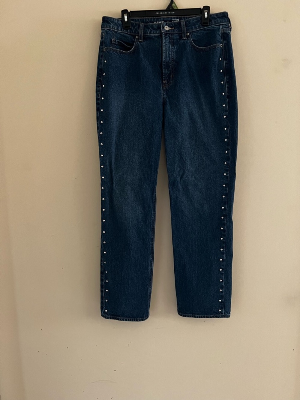 Women size 12 Old Navy STUDDED Dark Blue Straight-Leg high waist Jeans